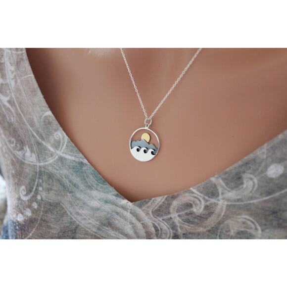 Sterling Silver Mountain and Ocean Pendant with Bronze Sun Necklace - Picture 4 of 5